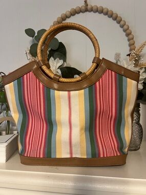 Fossil Multicolor Striped Canvas Tote with Bamboo Ring Handles